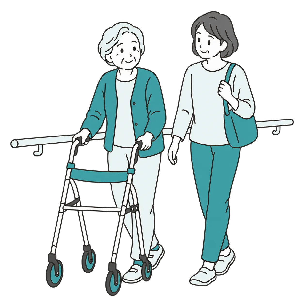 歩行器で歩く高齢者と寄り添う家族のイラスト