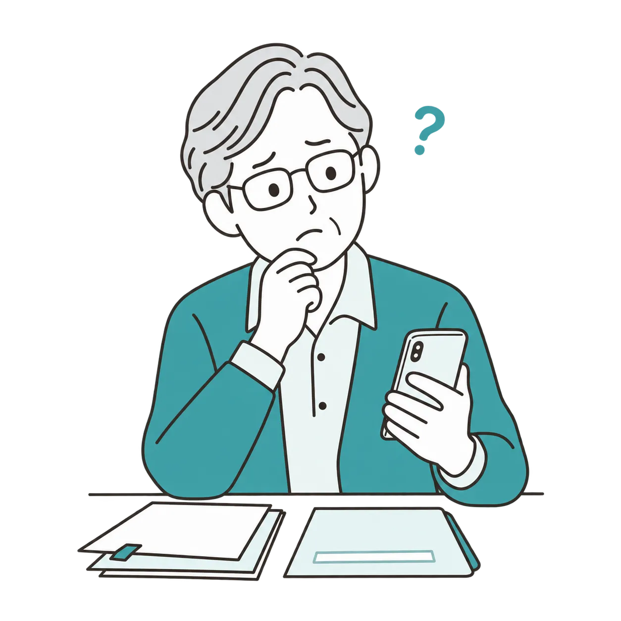 書類とスマートフォンを前に考え込む人物のイラスト